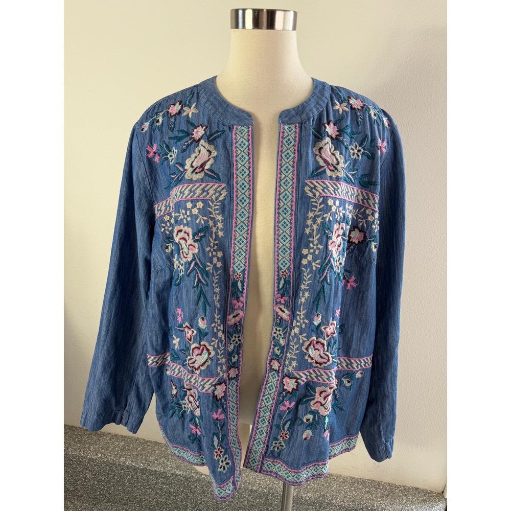 J Jill Womens Plus 2X Floral Embroidered‎ Chambray Jacket Blue Open Front Boho